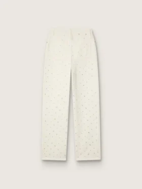 Pantalon en denim blanc pour femme avec perles et cristaux