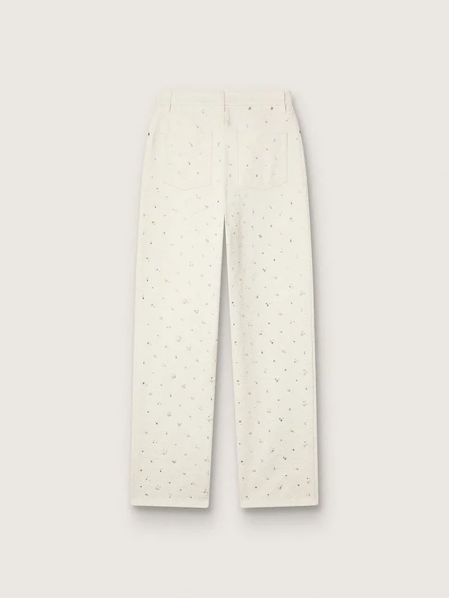Pantalon en denim blanc pour femme avec perles et cristaux