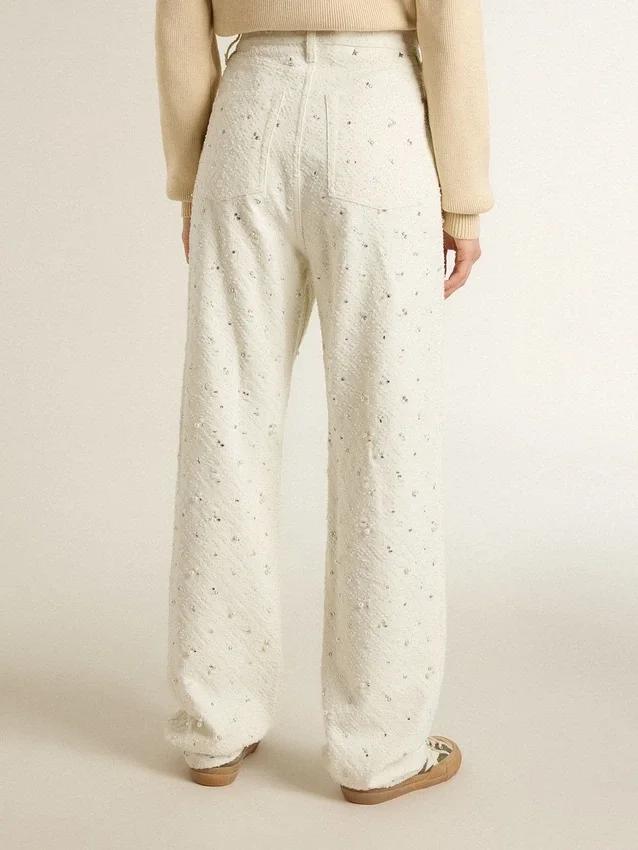 Pantalon en denim blanc pour femme avec perles et cristaux