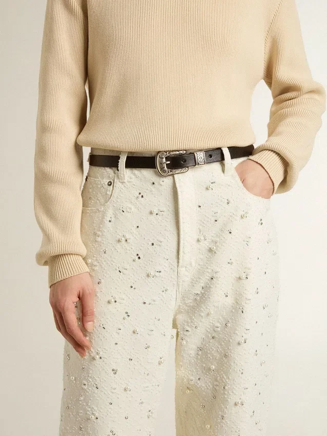 Pantalon en denim blanc pour femme avec perles et cristaux