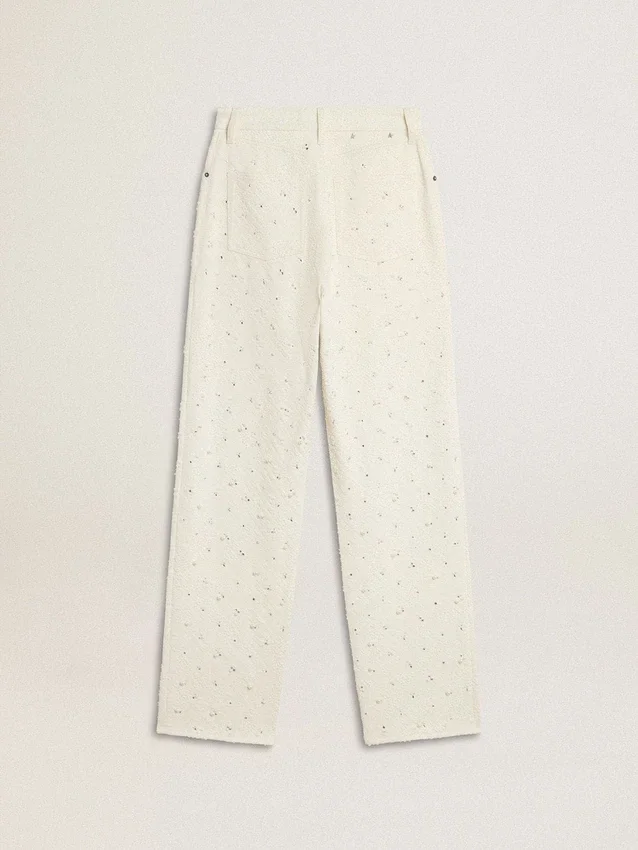 Pantalon en denim blanc pour femme avec perles et cristaux