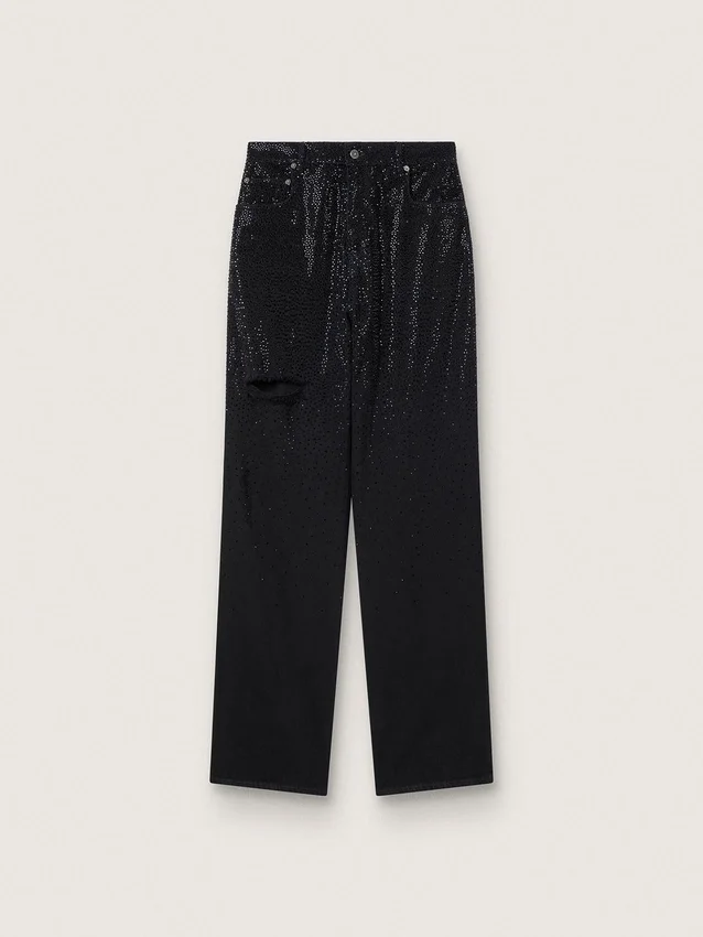 Pantalon en denim de coton pour femme avec décorations en cristaux à effet ombré
