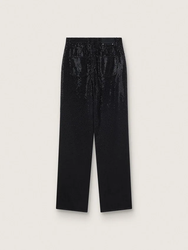 Pantalon en denim de coton pour femme avec décorations en cristaux à effet ombré