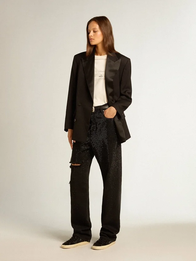 Pantalon en denim de coton pour femme avec décorations en cristaux à effet ombré