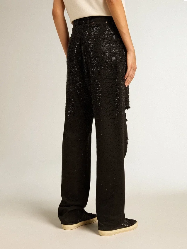 Pantalon en denim de coton pour femme avec décorations en cristaux à effet ombré