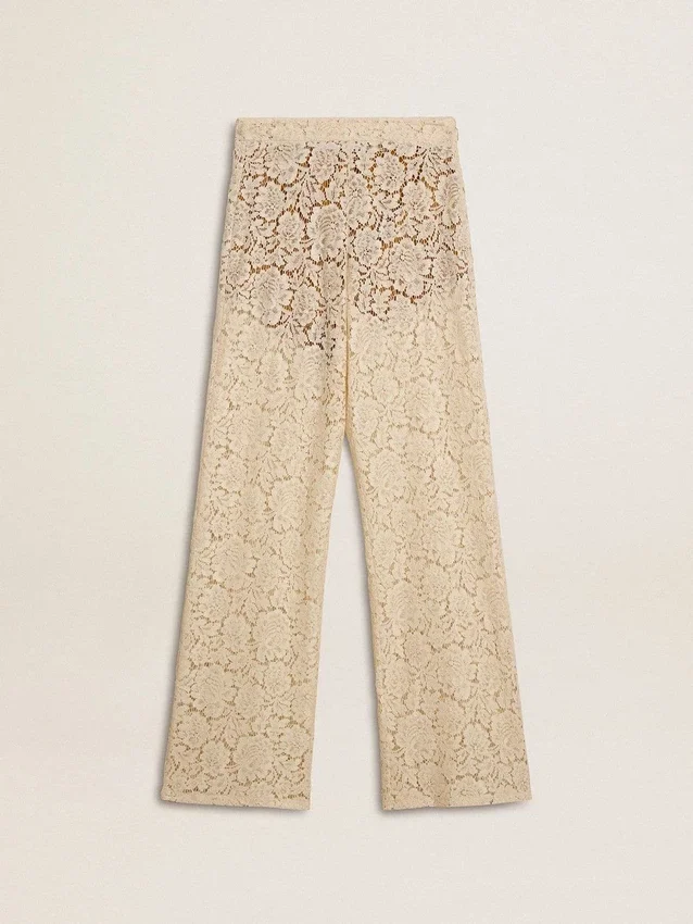 Pantalon en dentelle transparente couleur crème pour femme