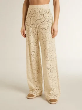 Pantalon en dentelle transparente couleur crème pour femme