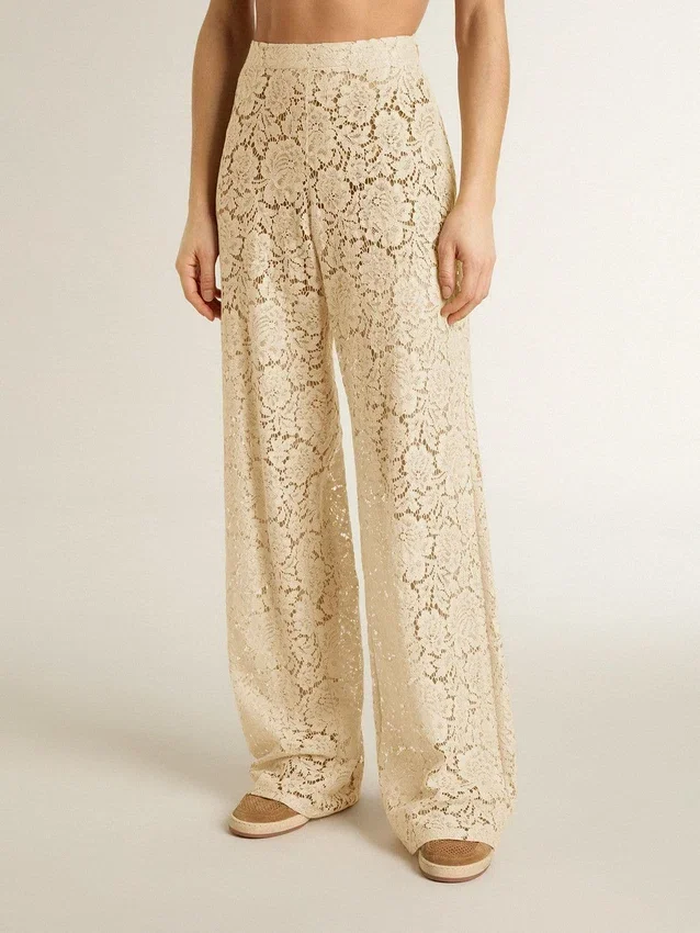 Pantalon en dentelle transparente couleur crème pour femme