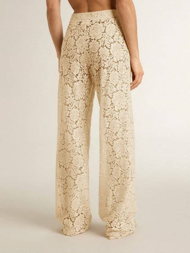 Pantalon en dentelle transparente couleur crème pour femme