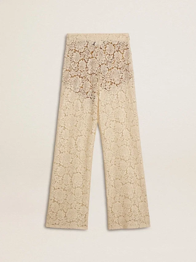 Pantalon en dentelle transparente couleur crème pour femme