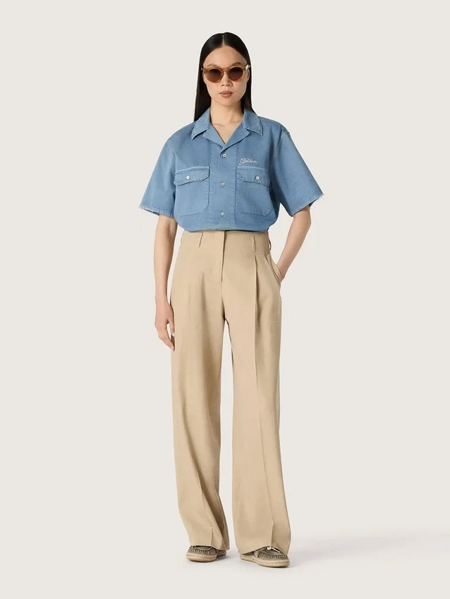 Pantalon en gabardine de laine pour femme, couleur sable