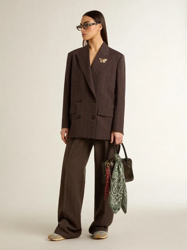 Pantalon en laine vierge marron pour femme