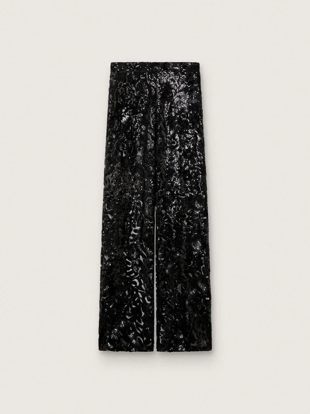 Pantalon en tulle pour femme avec broderie florale en paillettes noires