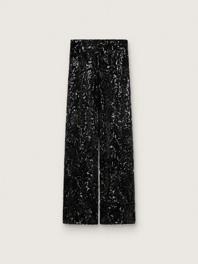 Pantalon en tulle pour femme avec broderie florale en paillettes noires