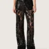 Pantalon en tulle pour femme avec broderie florale en paillettes noires