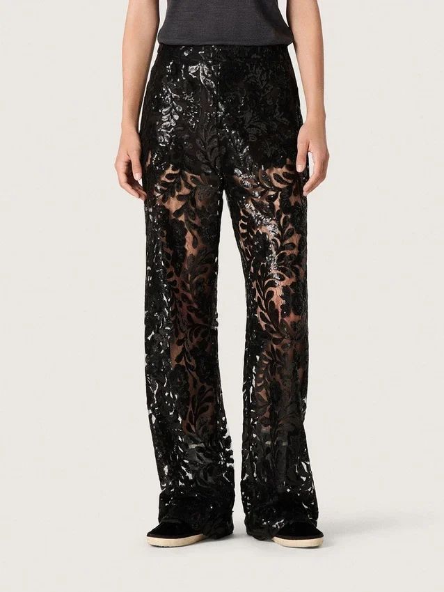Pantalon en tulle pour femme avec broderie florale en paillettes noires