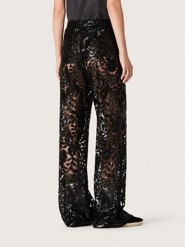 Pantalon en tulle pour femme avec broderie florale en paillettes noires