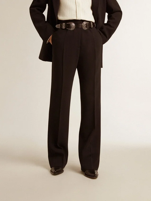 Pantalon femme bleu foncé doux en mélange de laine