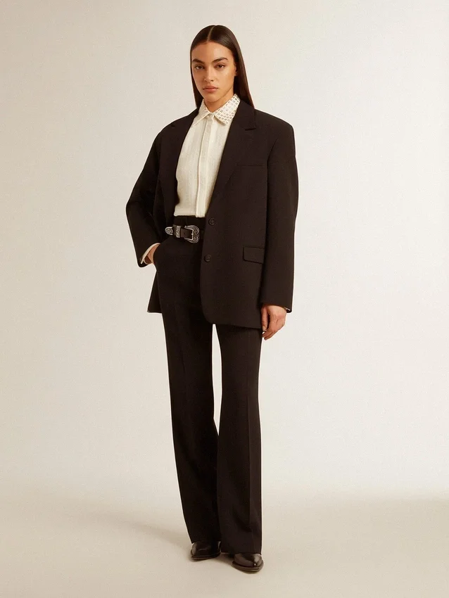 Pantalon femme bleu foncé doux en mélange de laine