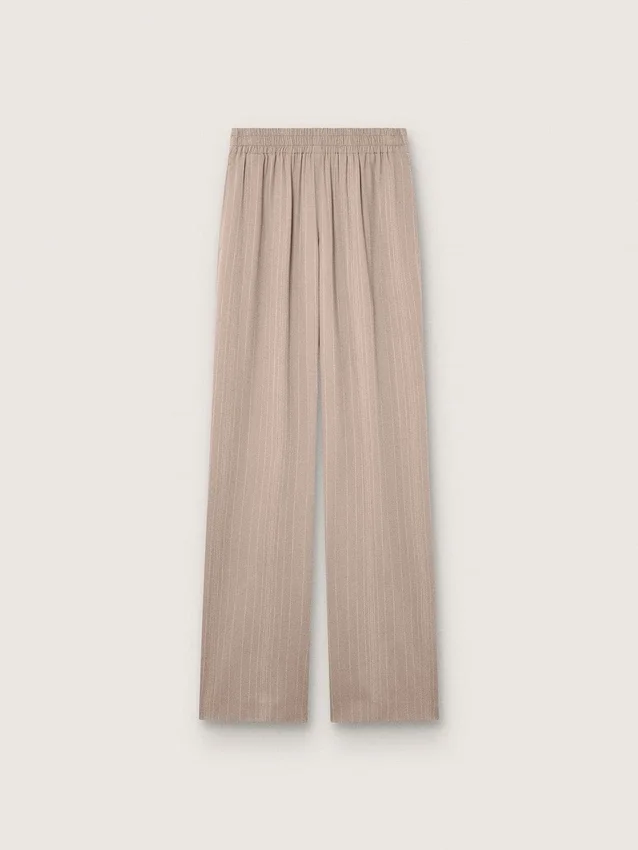 Pantalon femme en mélange de laine gris à motif à fines rayures et taille élastiquée