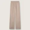 Pantalon femme en mélange de laine gris à motif à fines rayures et taille élastiquée