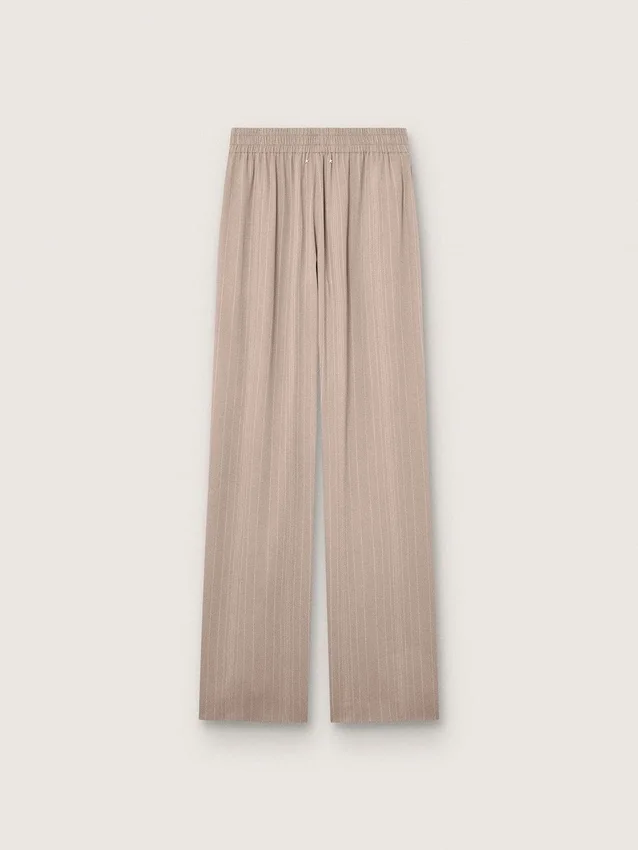 Pantalon femme en mélange de laine gris à motif à fines rayures et taille élastiquée
