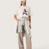 Pantalon femme en mélange de laine gris à motif à fines rayures et taille élastiquée