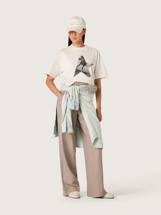 Pantalon femme en mélange de laine gris à motif à fines rayures et taille élastiquée