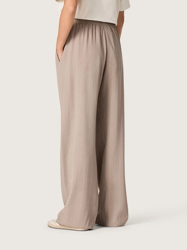 Pantalon femme en mélange de laine gris à motif à fines rayures et taille élastiquée