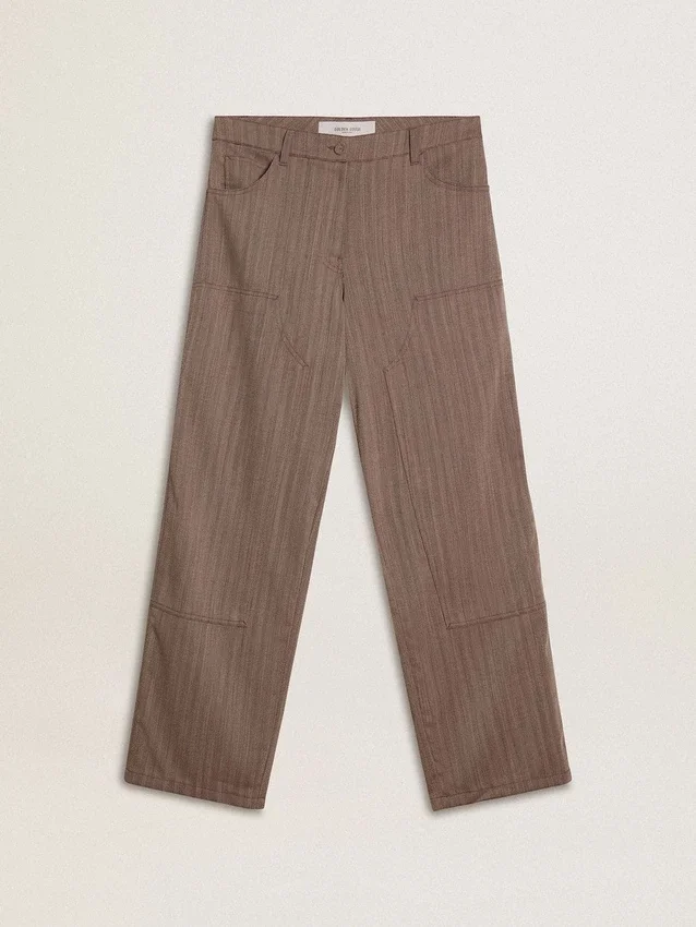 Pantalon femme en mélange de laine à micro-chevrons marron clair