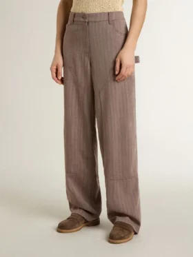 Pantalon femme en mélange de laine à micro-chevrons marron clair