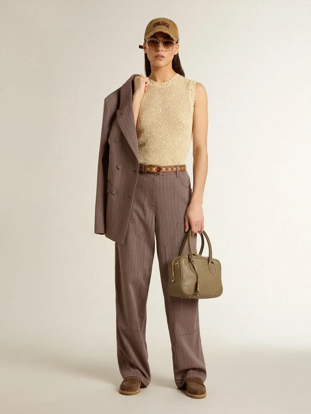 Pantalon femme en mélange de laine à micro-chevrons marron clair