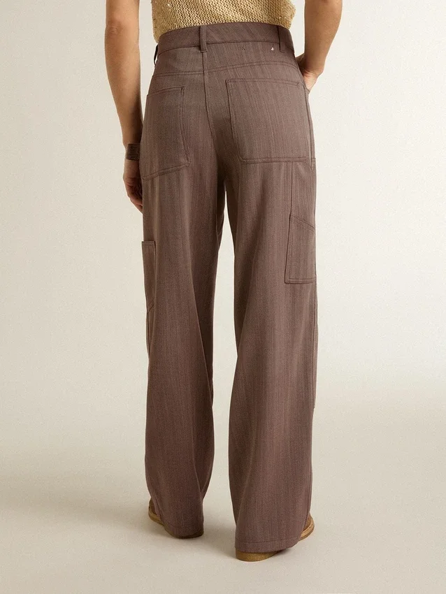 Pantalon femme en mélange de laine à micro-chevrons marron clair