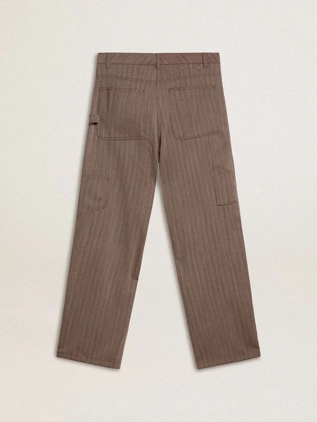 Pantalon femme en mélange de laine à micro-chevrons marron clair