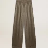 Pantalon femme vert en mélange de viscose et de soie à motif floral