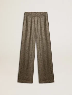 Pantalon femme vert en mélange de viscose et de soie à motif floral