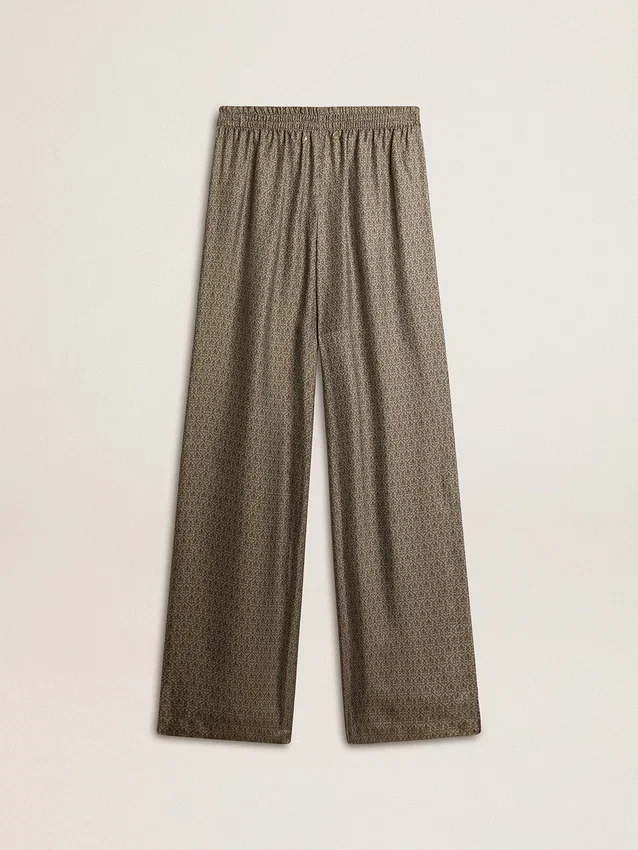 Pantalon femme vert en mélange de viscose et de soie à motif floral