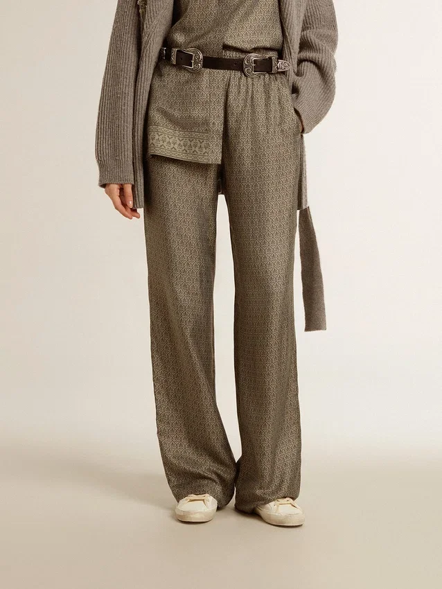 Pantalon femme vert en mélange de viscose et de soie à motif floral