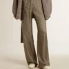 Pantalon femme vert en mélange de viscose et de soie à motif floral