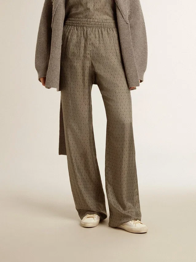 Pantalon femme vert en mélange de viscose et de soie à motif floral