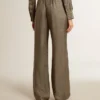 Pantalon femme vert en mélange de viscose et de soie à motif floral