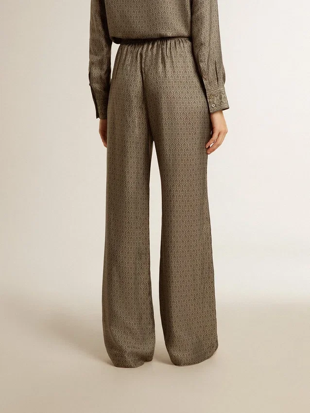 Pantalon femme vert en mélange de viscose et de soie à motif floral