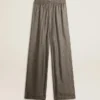 Pantalon femme vert en mélange de viscose et de soie à motif floral