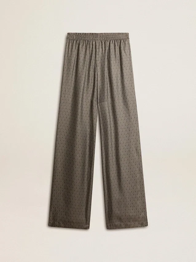 Pantalon femme vert en mélange de viscose et de soie à motif floral