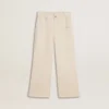 Pantalon large à côtes couleur crème pour filles, avec broderies