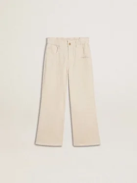 Pantalon large à côtes couleur crème pour filles, avec broderies