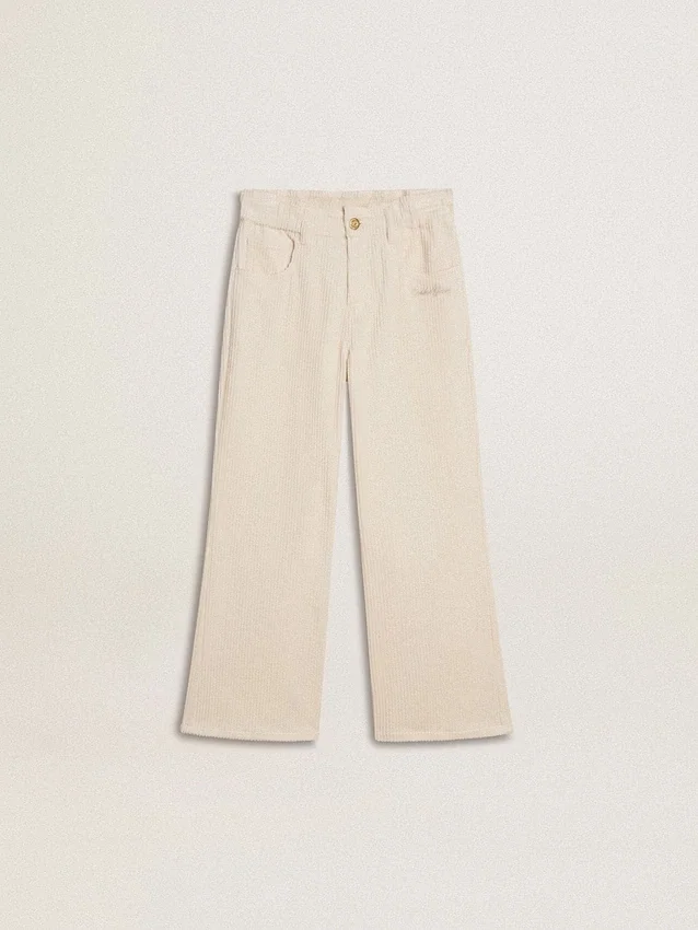 Pantalon large à côtes couleur crème pour filles, avec broderies