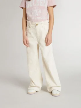 Pantalon large à côtes couleur crème pour filles, avec broderies