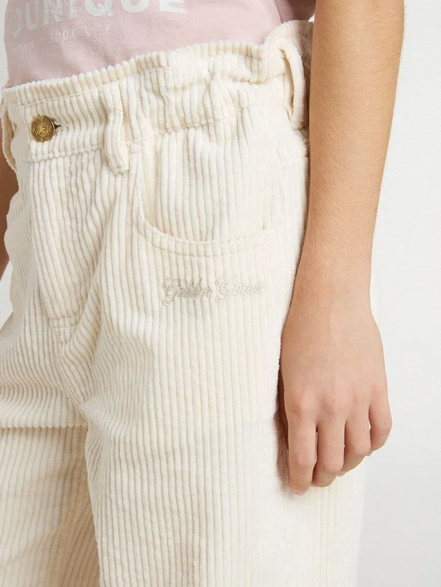 Pantalon large à côtes couleur crème pour filles, avec broderies