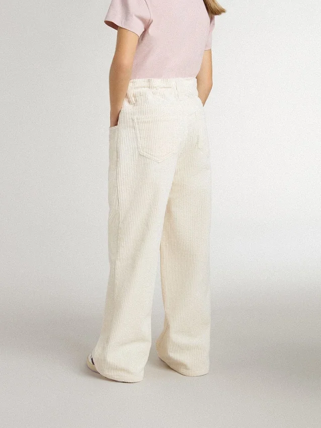 Pantalon large à côtes couleur crème pour filles, avec broderies